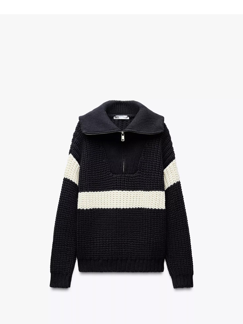 Zara Black Knit Zip-Up Sweater with White Stripe